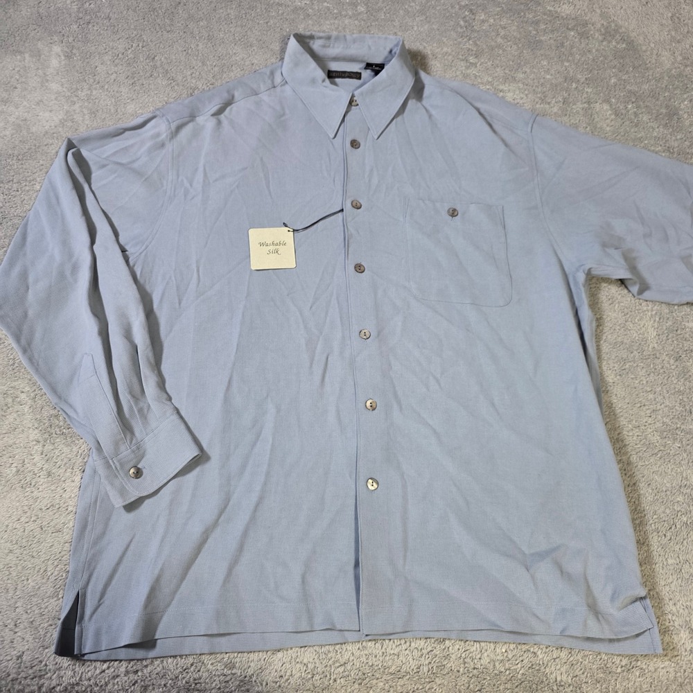 Anthology Mens L Button Down Shirt Light Blue 100% Washable Silk Micro Check